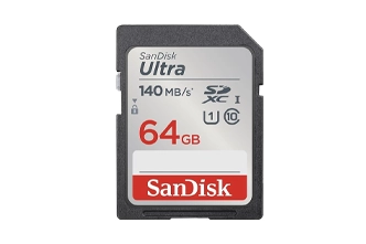 SanDisk Ultra 64GB SDXC memory card with 140 MB/s speed.