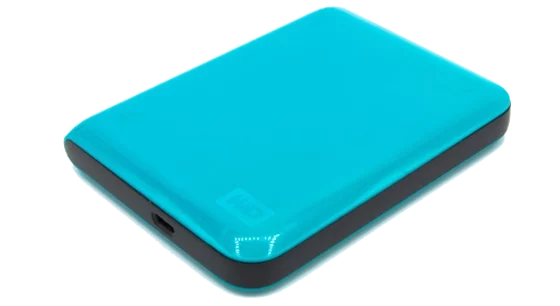 Blue WD external hard drive with a sleek design