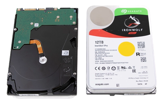 Two views of a Seagate IronWolf Pro 12TB hard drive showing front label and back circuit board.