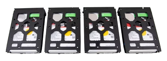 Four Seagate hard drives in protective metal enclosures