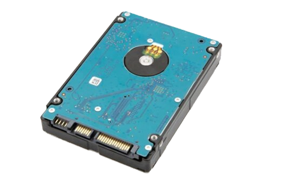 Internal hard drive with exposed blue circuit board and connector interface.