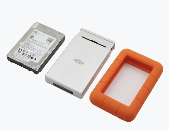 Disassembled LaCie External Hard Drive with Inner Components and Orange Protective Case