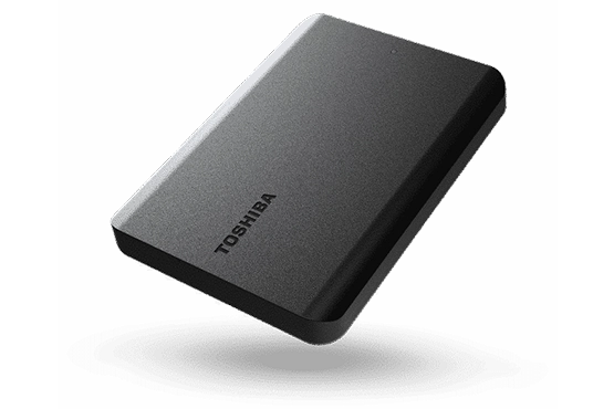 Black Toshiba external hard drive with a sleek design.