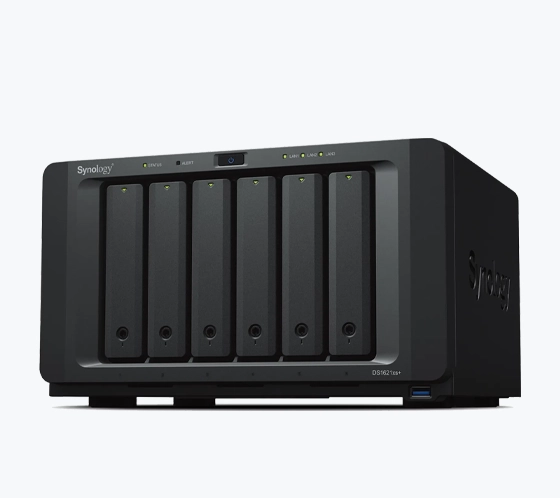 A Synology NAS (Network Attached Storage) device with five drive bays, designed for data storage and management.